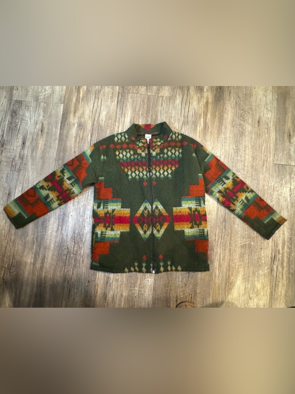 Vintage Galapagos Western Aztec Wool Blanket Jacket Green Orange Zip Sz XS/S